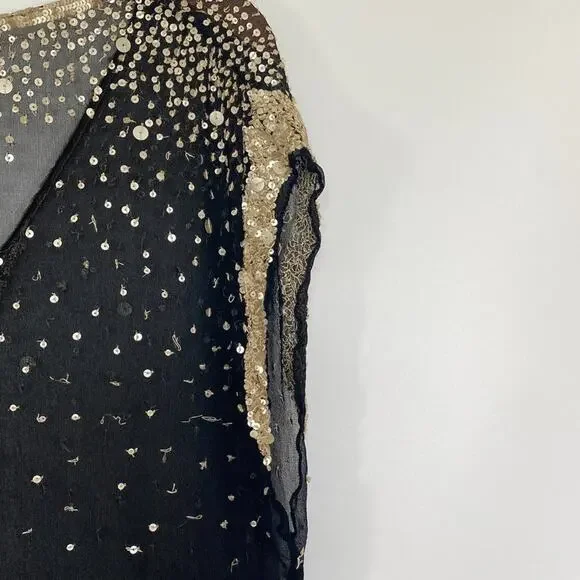 Vintage Shag Black Cream Sequin Embellished Blouse Top - Picture 11 of 16